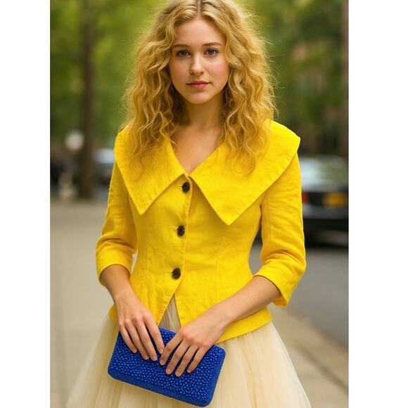Vintage Jackets & Blazers - Vintage Bright Yellow 100% Linen Asymmetrical Button Blazer Peter Pan Collar